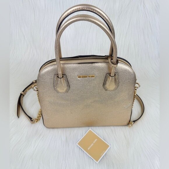 Michael Kors Mercer Metallic Gold Leather Dome Satchel Shoulder Crossbody Bag - Picture 15 of 17